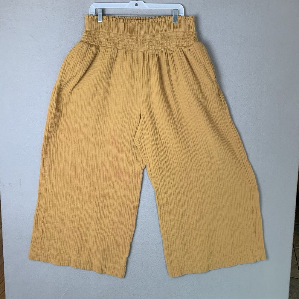 Anthropologie Pants Women XL Mustard Yellow Wide Leg Gauze Textured Smocked READ